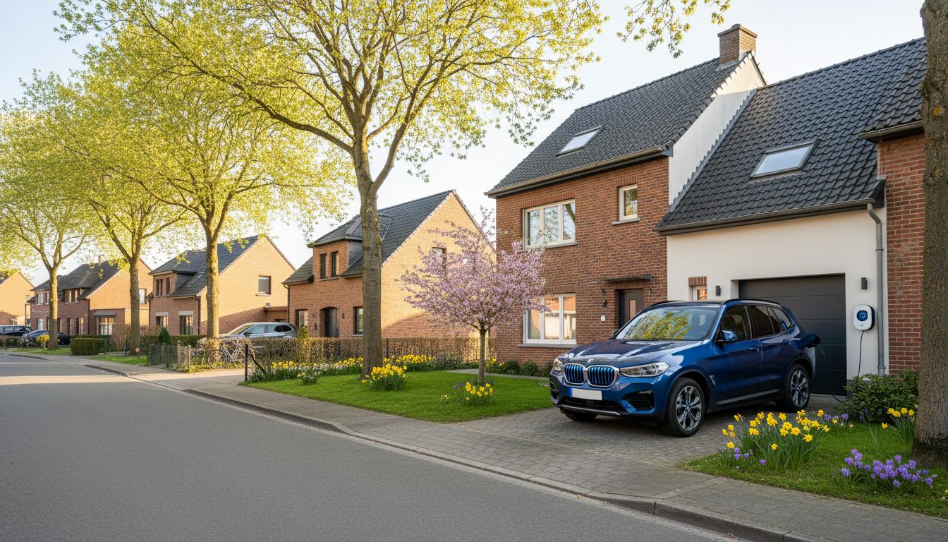 Straatbeeld met laadpaal op woning in Flandre
