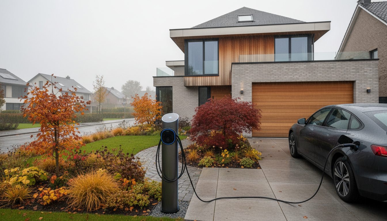 laadpaal installatie bij bakstenen woning in Flandre
